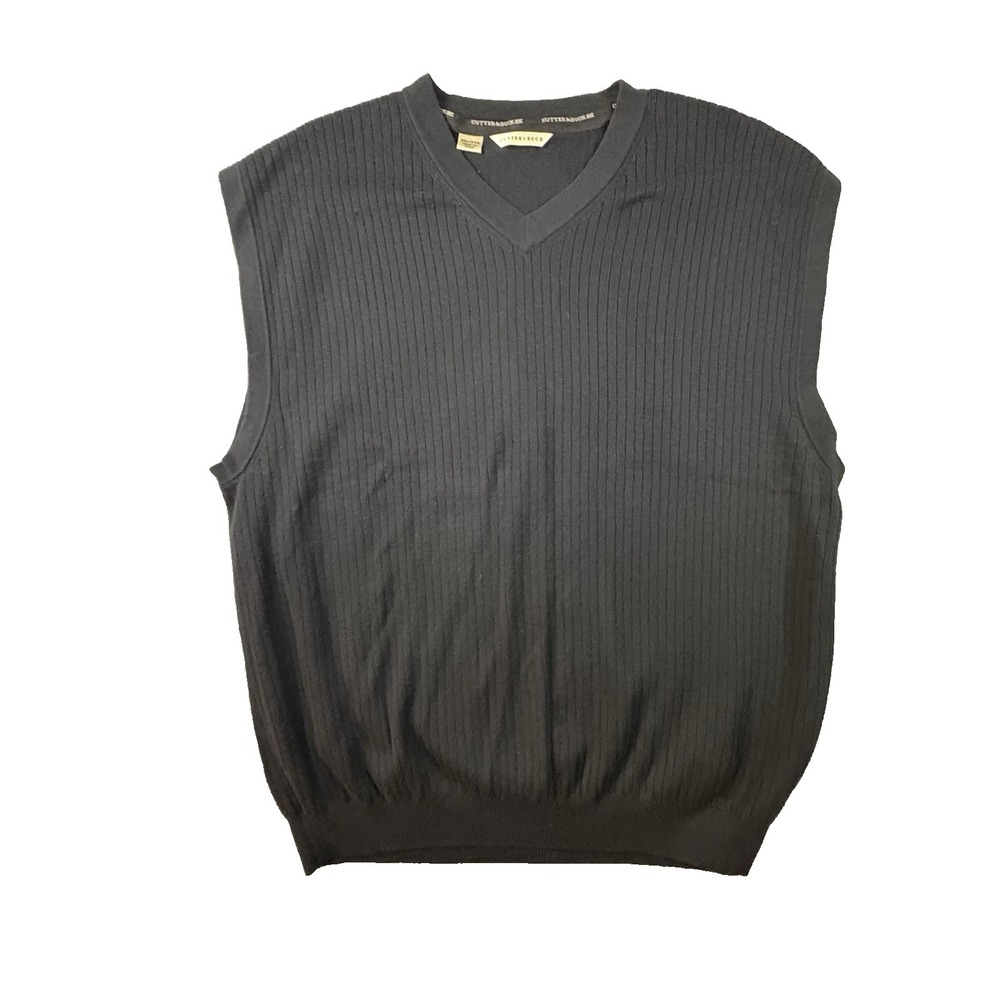 Cutter & Buck Men's 2XL Black Ribbed Sweater Vest 100% Cotton V Neck Golf